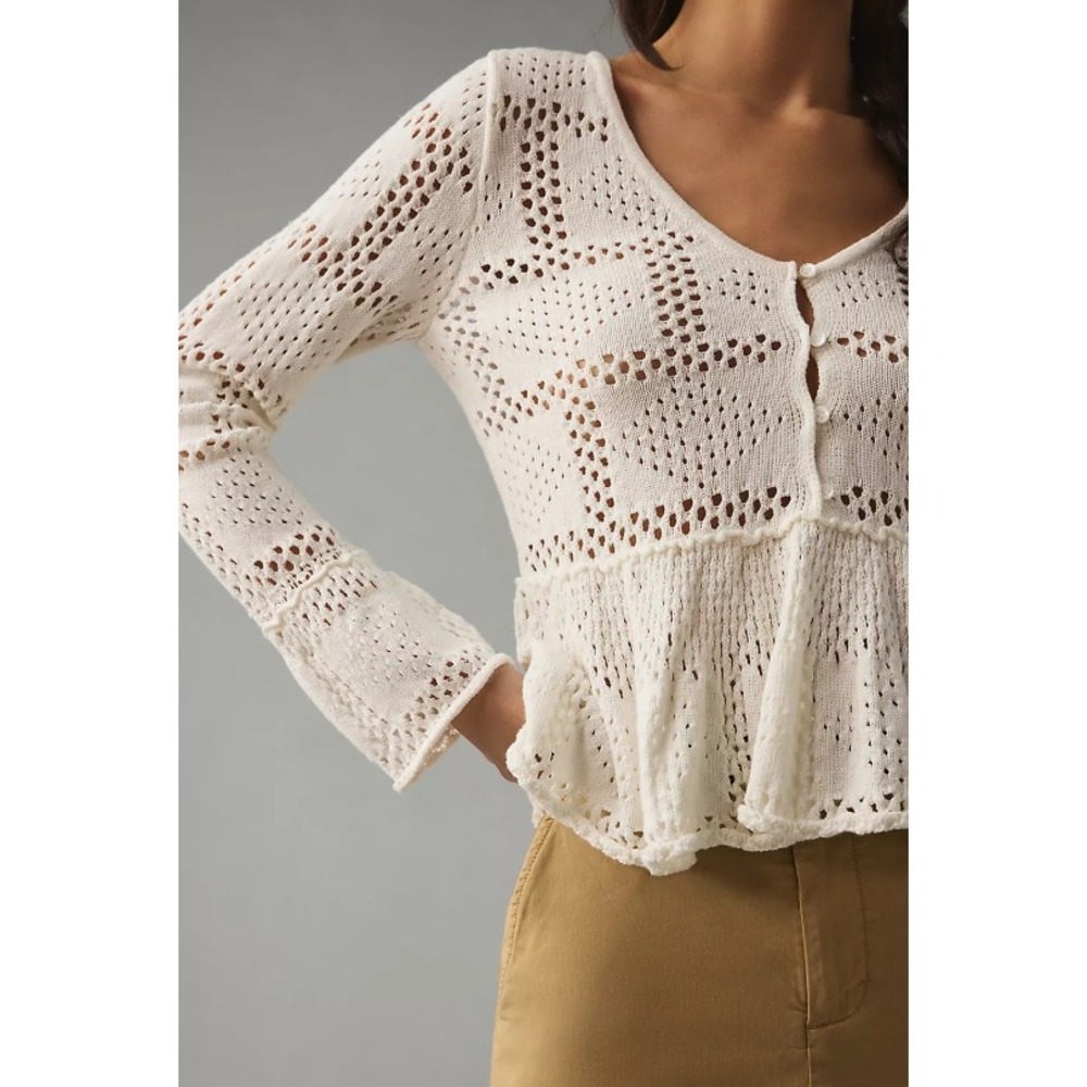 Anthropologie Pilcro Pointelle Crochet Knit Babydoll Sweater Boho Crunchy